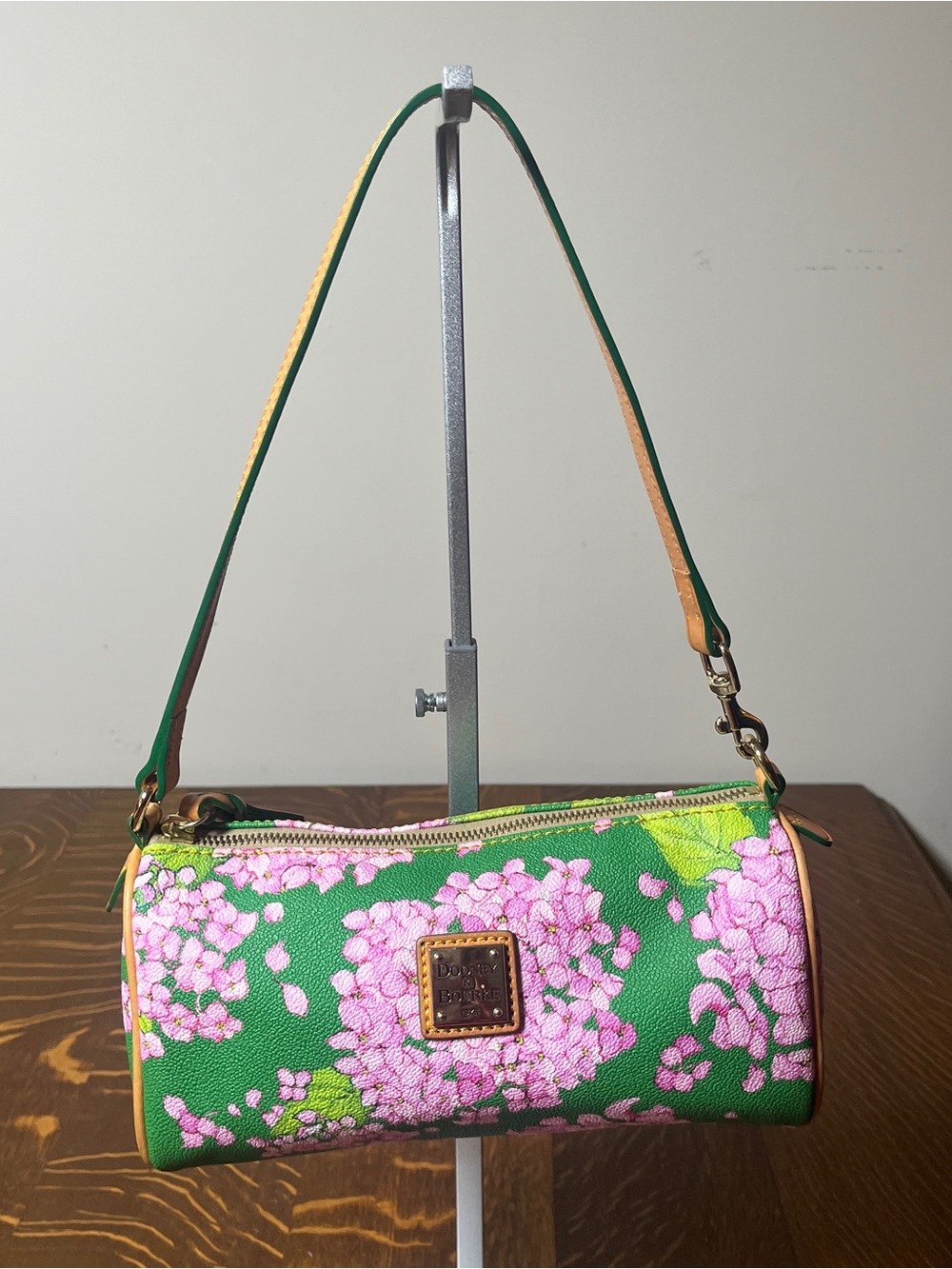 Dooney & Bourke Hydrangea Green Pink Floral Barrel Shoulder Bag.